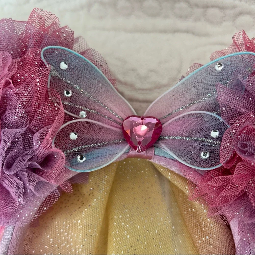 Disney mouse ears headband Pastel Rainbow Tulle Cape with Pom Poms EUC